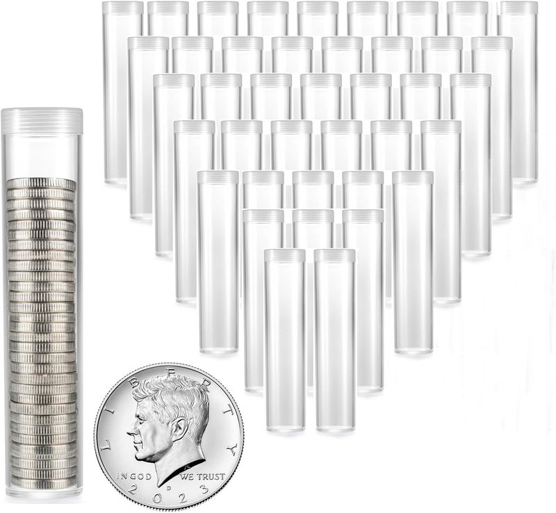 MUDOR 40 Pack Coin Storage Tube for Half Dollar, Plastic Coin Holders Tube with Screw-On Caps, Coin Collection Supplies,Long-Term Coin Storage (Half Dollar) - Image 1